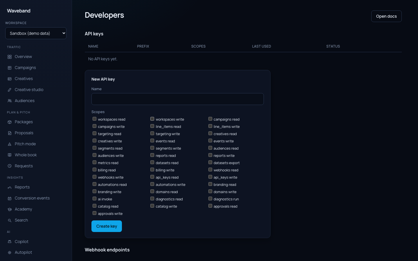 Developer settings page with API keys, webhooks, and OAuth clients