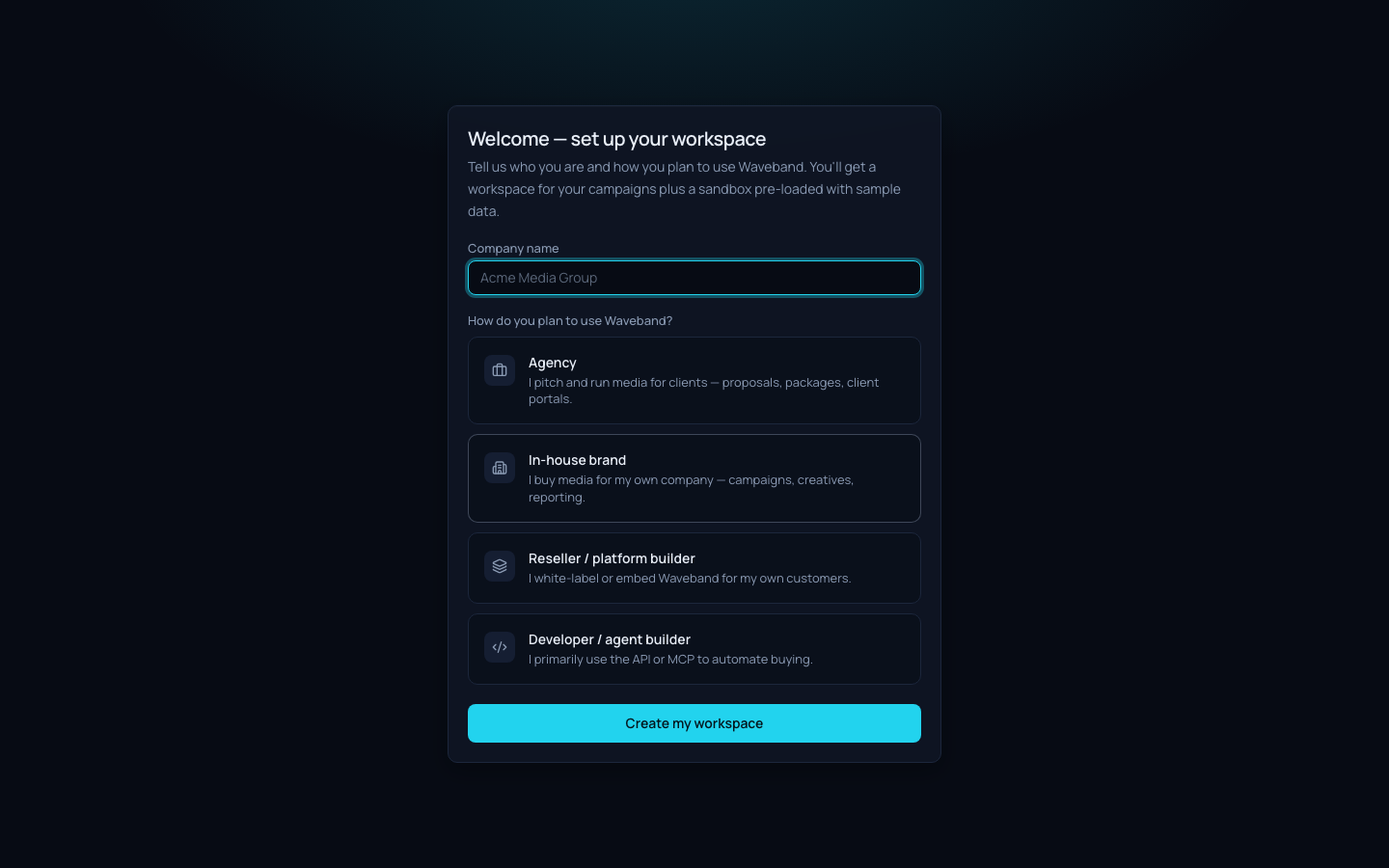 Onboarding screen asking for company name and how you plan to use Waveband